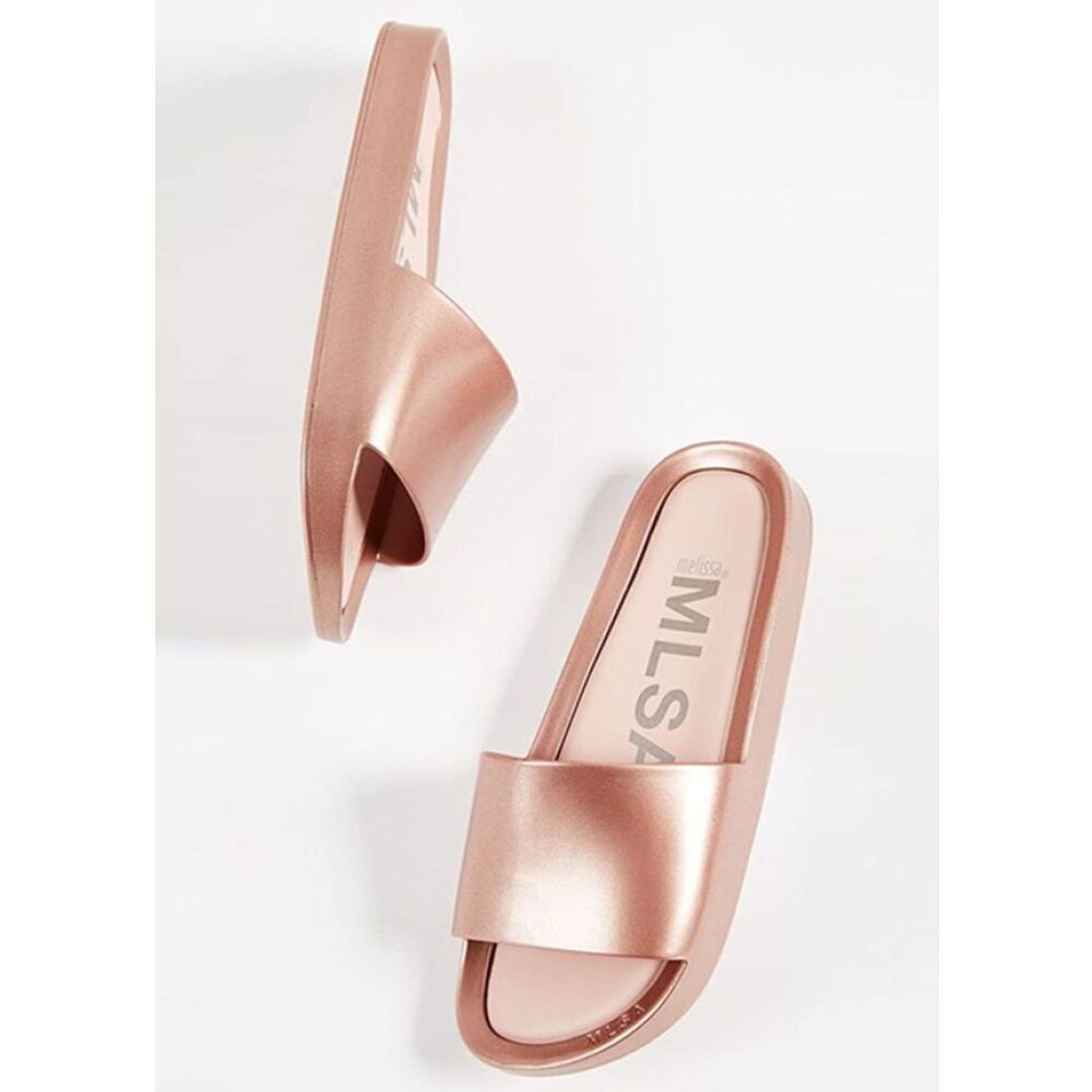 NWOT Melissa Mauve Rose Gold Metallic Slides Sandals Sz 8